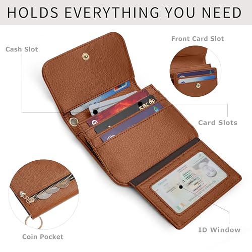Image of Women Small Wallet RFID Blocking Slim Wallet with Coin Pocket Tri-Fold Credit Card Holder with ID Window and Keychain (Dark Brown)