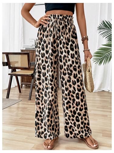 Floerns Women's Leopard Print Straight Leg Pants Loose Drawstring Waist Trousers4