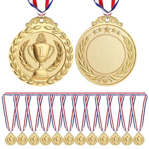 Wyngee 12pcs Médaille d'or avec Ruban, Médaille Récompense pour Enfants Médailles du Gagnant Prix d'or pour Sport/Jeu/Compétitions/Football/Fêtes Matériau Alliage Argent/Bronze/Doré