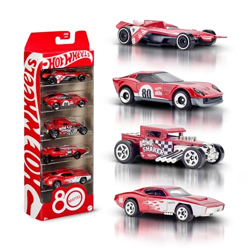 Hot Wheels Spielzeugautos, 5er-Pack Spielzeugautos im Maßstab 1:64 mit Deko und Verpackung zum Sammeln, Core Mattel 80. Jubiläum, Set mit 5 Fahrzeugen, JGK08 Hot Wheels Spielzeugautos, 5er-Pack Spielzeugautos im Maßstab 1:64 mit Deko und Verpackung zum Sammeln, Core Mattel 80. Jubiläum, Set mit 5 Fahrzeugen, JGK08