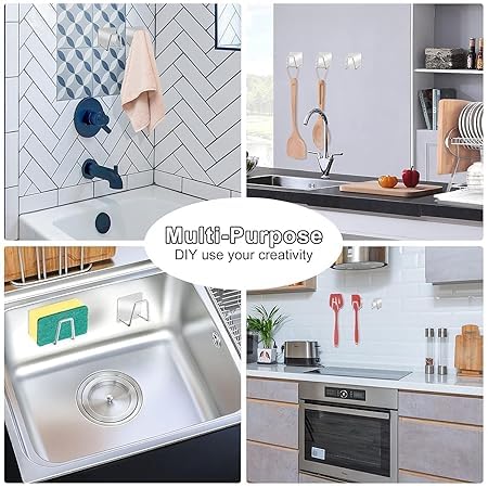 KACHKIT Adhesive Sponge Holder,Kitchen Sink,Stainless Steel Scrubber Hanger Caddy Accessories Storage Rack Stand for Scratch Scrub Dishcloth Dishrag Wool Exfoliate (Pack of 5) Silver. 4