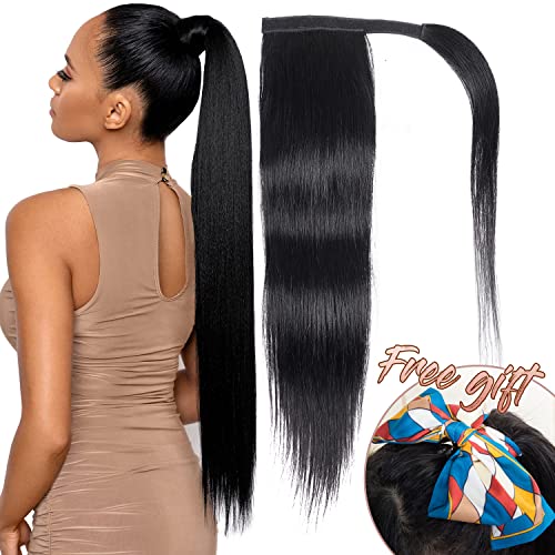 30 inch Wrap Around Straight Ponytail Extension Human Hair Magic Paste Long Ponytail Clip in Hair Extensions Natural Color 120g 100% Remy Human Hair Straight Ponytail