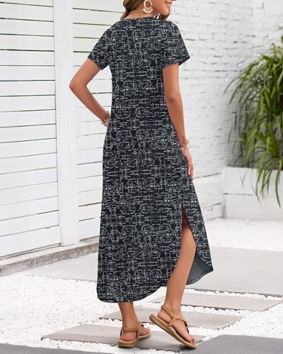Image of MISFAY Women's Summer Maxi Dress 2026 Casual Short Sleeves V Neck Loose Sundress Split Long Beach T Shirt Dress