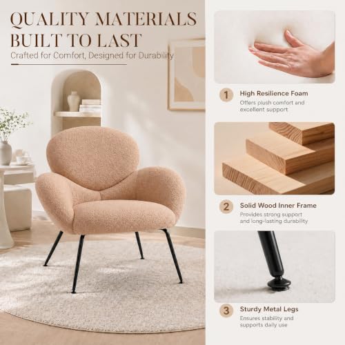 Image of Accent Chairs Set of 2 for Living Room, Boucle Fabric, Camel | Modern Accent Chair with Cloud Backrest, Soft Textured Boucle Fabric, Small Reading Chair for Sunroom, Reception Area