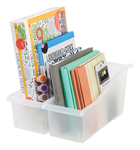 Image of IRIS USA 8-Pack, Connecting Book Bin Organizer Magazine Holder, Clear | Organize books, magazines, notebooks, binders, and school supplies with vertical storage and connecting design