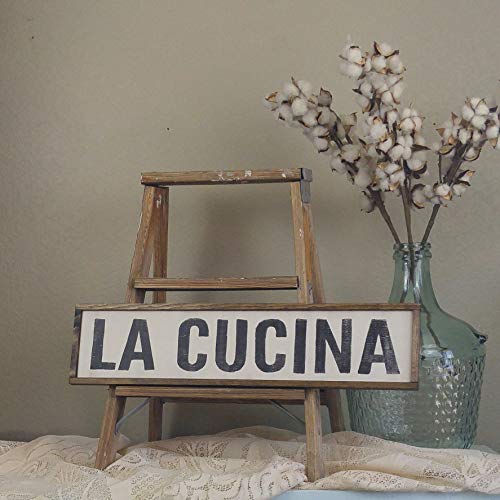 Dozili Rustic Kitchen Sign - La Cucina - White Wood Sign - 6" x 20" - Rectangular - Wall Mount