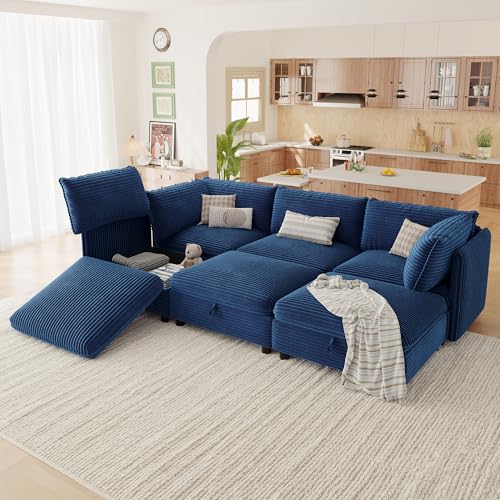 Image of Oversized Corduroy Modular Sectional Sofa Bed with Hidden Storage, Convertible L U Sleeper Couch, 6-Seat Modular Sofa Free Combination with Ottoman & Removable Covers for Living Room, Blue
