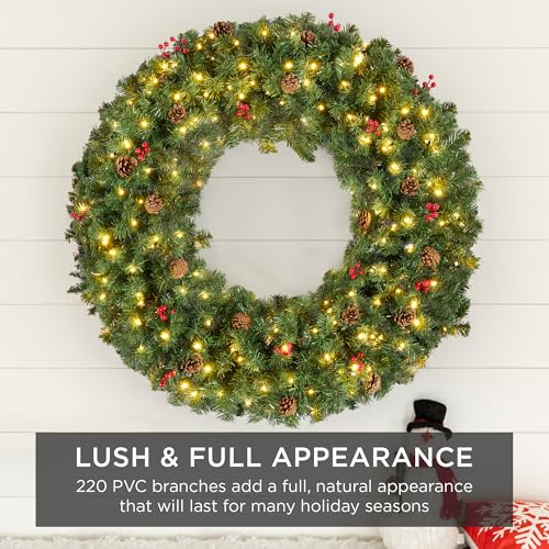 Image of Best Choice Products 30in Pre-Lit Christmas Wreath w /Berries & Pinecones, Large Artificial Indoor /Outdoor Decor for Door, Mantel, Plug-in
