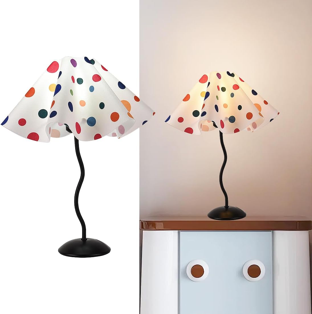 Colorful Dots Scalloped Table Lamp Modern Mini Pleated Linen Desk Lamp with Fabric Shade Small Pleated Table Lamp Modern Desk Light for Living Room, Kids Room, Home, Office