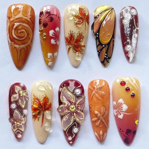 24Pcs Fall Maple Leaf Press On Nails Long Almond French Tip Fake Nails...