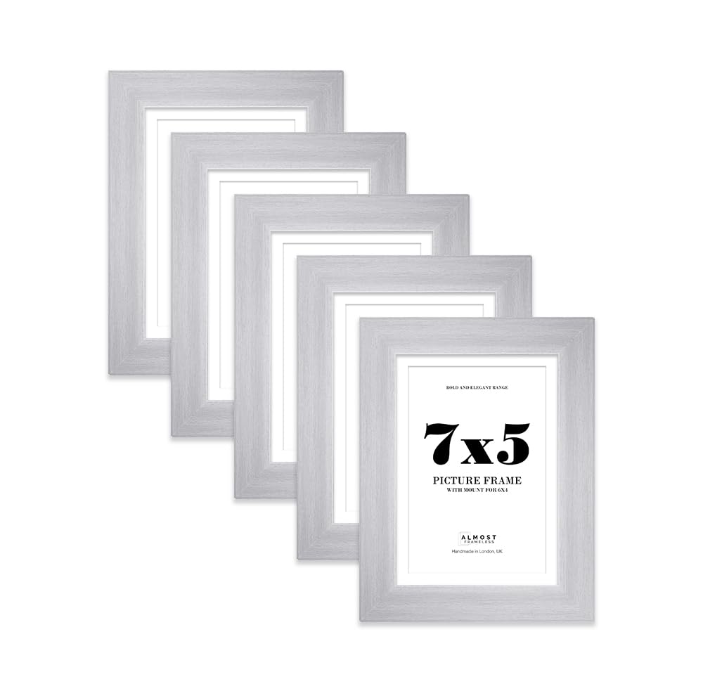 7x5" Silver Frame With Mount for 6x4" Pictures 28mm Edge Portrait and Landscape Display with Wall Hooks and Kickstand, 5 Pack