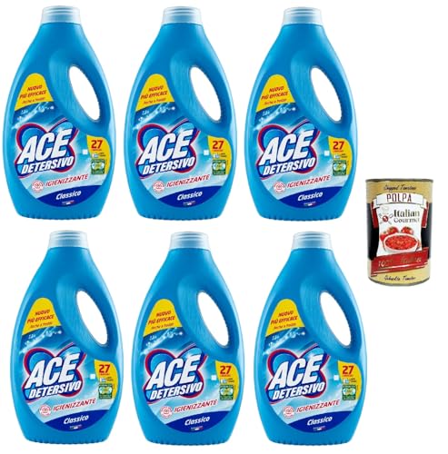 ACE Detersivo Lavatrice Classic - Detergente líquido para lavadora, eficaz en todo tipo de manchas, 6 x 27 lavados de 1350 ml + Polpa italiana Gourmet 400 g