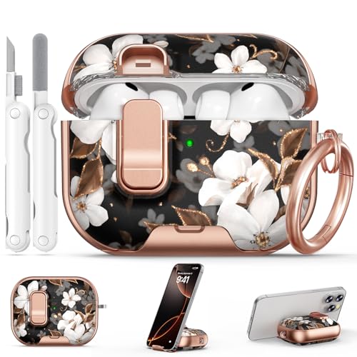 Image of for AirPod Pro 3 Case 2025, with Safty Lock & Phone Stand for Floral AirPod Pro 3 Generation Case Cover for Women Girly, iPod Pro 3 Cases with Keychain & Cleaner Kit - Black Gold Flower