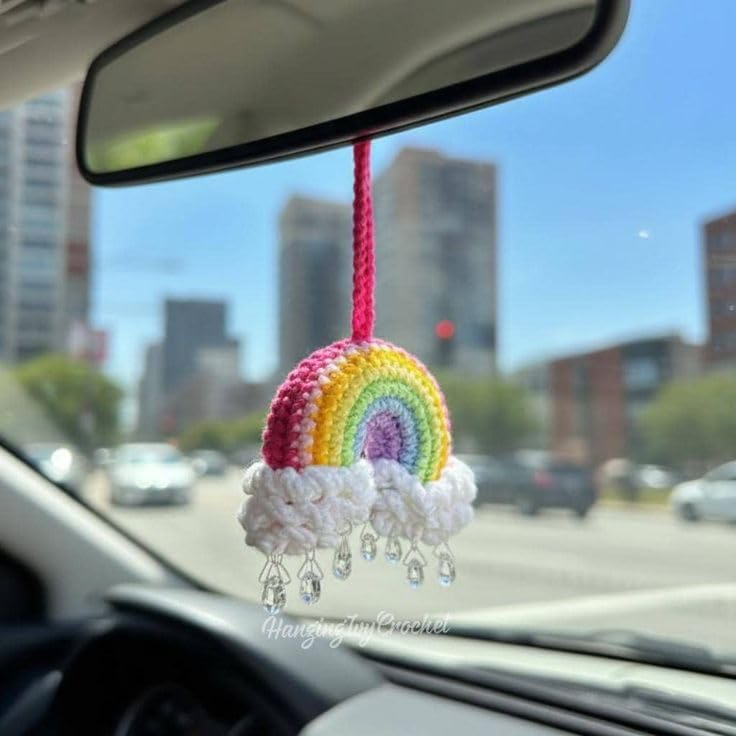 Handmade Crochet Rainbow Car Hanging Ornament, Multicolour, Cotton Yarn, with Crystal Bead Charms and Cloud, Boho Style-image-18