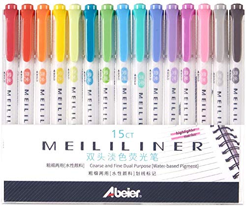 15 subrayadores pastel de Abeier Pastell con cabezales gruesos y finos, juego de 8 colores diferentes, pigmento de base de agua Meililiner