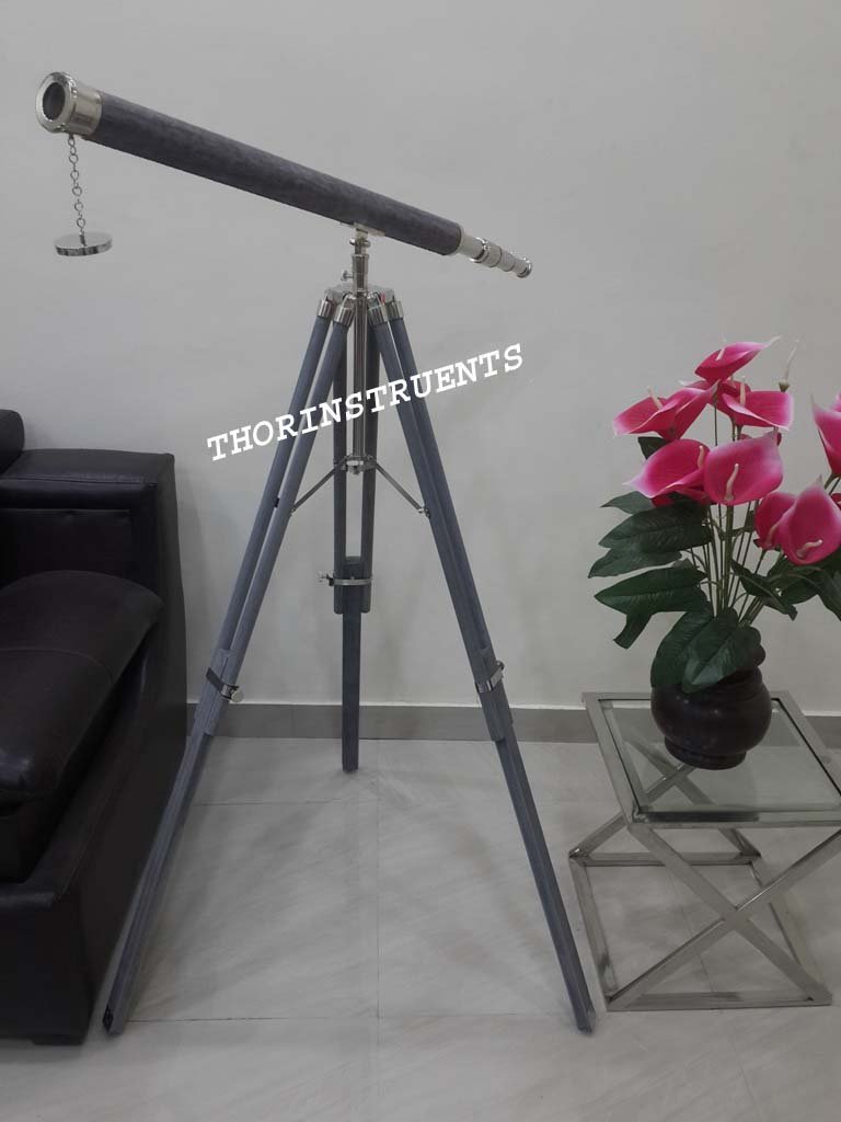 Nautical Adjustable Design Marine Navy Grey Leather Telescope Wooden Grey Stand Rustic Vintage Home Decor Gifts