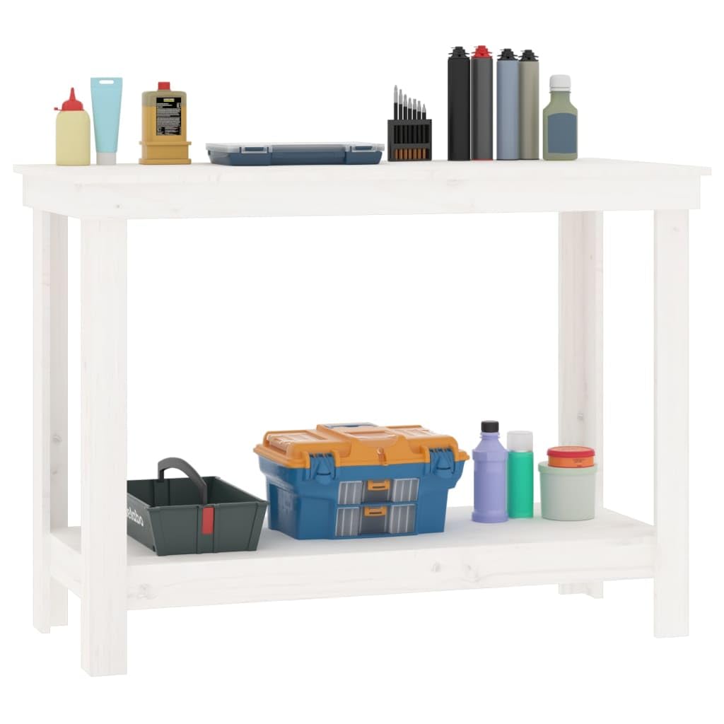 Banco de trabajo blanco 110 x 50 x 80 cm de madera de pino maciza, mesa de trabajo con estante para mucho espacio en el garaje, marco de madera estable con soporte de pared para seguridad antivuelco