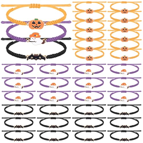 36 Pack Halloween Bracelets Party Favors Bulk Ghost Pumpkin Bat String Rope Adjustable Bracelet Gift Orange Mini Purple Black Boo Basket Gift for Women Men Family Friends