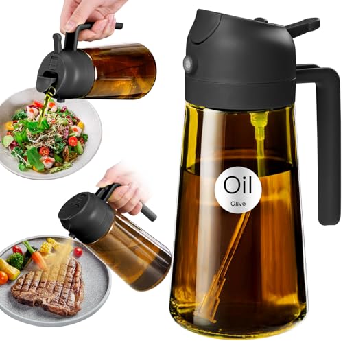 YARRAMATE 16oz/470ml Light Blocking Oil Sprayer for Cooking with Stickers, Food-Grade 2 in 1 Olive Oil Dispenser Bottle for Kitchen, Premium Dark Amber Glass Oil Bottle for Air Fryer, BBQ (Black)