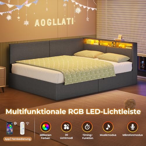 AOGLLATI Polsterbett Schlafsofa 140x200 mit USB-Steckdosen & hydraulischem Stauraum, Betten 140x200 mit LED-Kopfteil & Lattenrost, Kinderbett Tagesbett, Doppelbett, Leinen, Dunkelgrau (ohne Matratze)