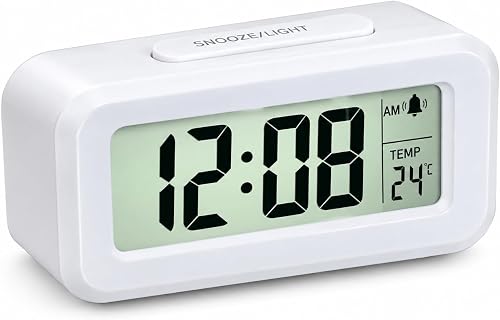 Digital Alarm Clock with LCD Display, Snooze, Temperature, White