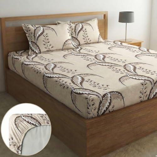 Image of Home Sizzler 210 TC Microfibre Abstract Feather Print Double Fitted Bedsheet (72X78 inch) with 2 King Size Pillow Covers