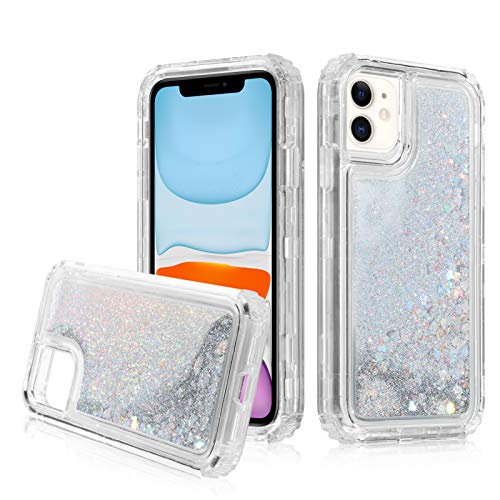 MZELQ iPhone 11 Case 6.1 Inch Sparkle Floating Liquid Quicksand Bling Sequin Glitter 3 in 1 Shockproof Hard PC Bumper Durable Full Body Protective Girls Women Transparent Cover-Clear
