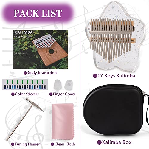 Image of Cute Kalimba Thumb Piano 17 Keys-Star Crystal Acrylic Finger Piano-Portable Mbira Musical Instruments Cute Christmas Gift with Tune Hammer and Study Instruction for Adults Beginners