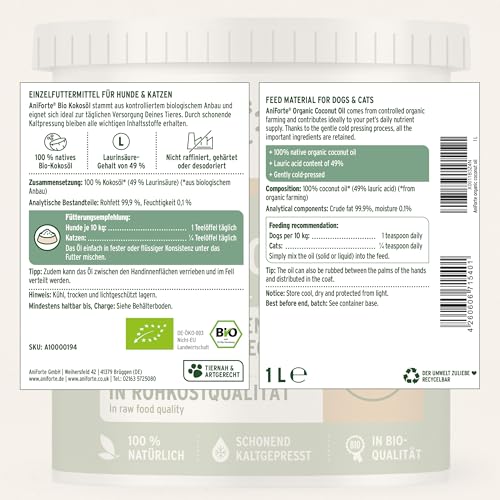 AniForte Bio Kokosöl für Hunde & Katzen 1 Liter Lebensmittelqualität - Erste Kaltpressung, Nativ, Unraffiniert, Hoher Laurinsäure Gehalt, Pflege für Fell, Pfote & Haut, biologischer Anbau, Barf Zusatz
