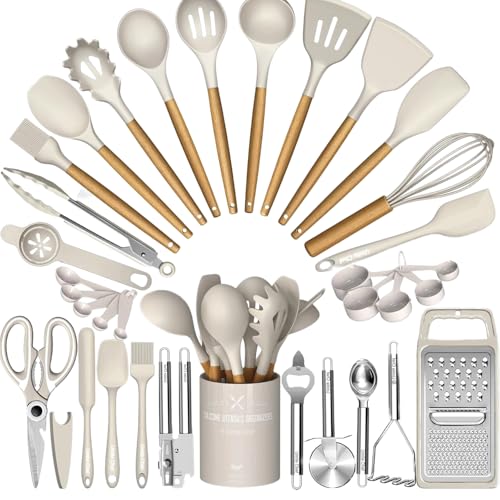 Thickened Silicone Cooking Utensils Set with Natural Wooden Handle- Umite Chef Khaki Kitchen Utensils Set, 34PCS Heat Resistant Kitchen Gadgets Tools Set, Kitchen Spatula Set for Nonstick Cookware