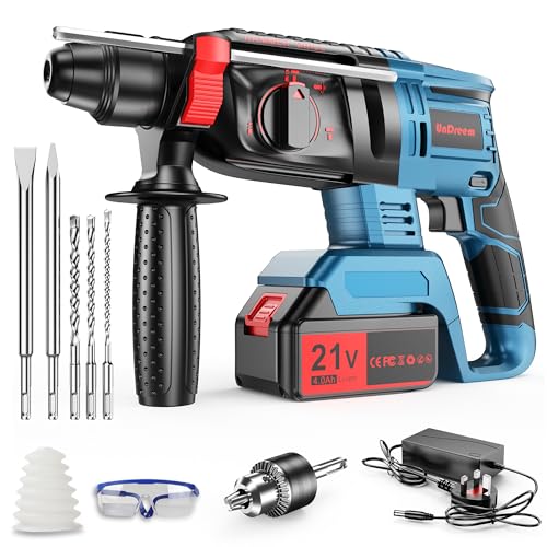 Marteau Perforateur Sans fil avec Aeux Batteries de Rechange 21 V 4000 mAh, Fonctions 4 en 1, Adaptateur SDS-plus avec Mandrin de Perçage, pour Perforateur
