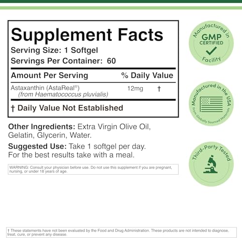 Image of Astaxanthin Max Strength (Only Patented Astaxanthin (Astrareal) with + Human Clinical Trials - World's Most Studied Brand) Grown, Harvested, and Made in Th (Astaxantina) by