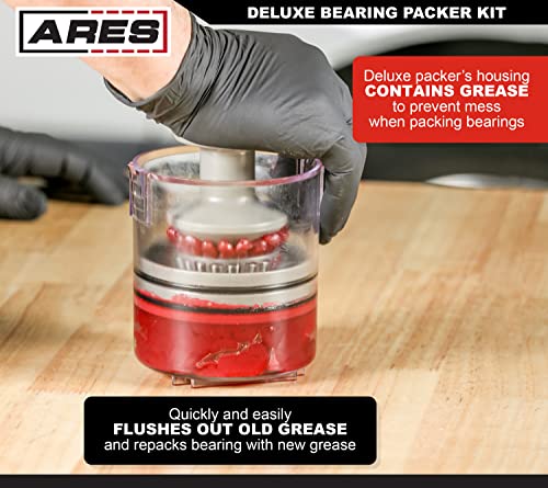 Image of ARES 54036 - 2-Piece Deluxe and Standard Bearing Packer Kit - Quickly and Easily Flushes Old Grease and Repacks Wheel Bearing - Fill with Grease Gun or by Hand - Includes Cone-Style Bearing Packer