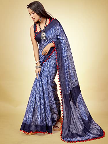 Image of AKHILAM Women's Ikat Cotton Blend Embellished Pom Pom lace Work Saree With Unstitched Blouse Piece (PUMPUM10A SR1 P)