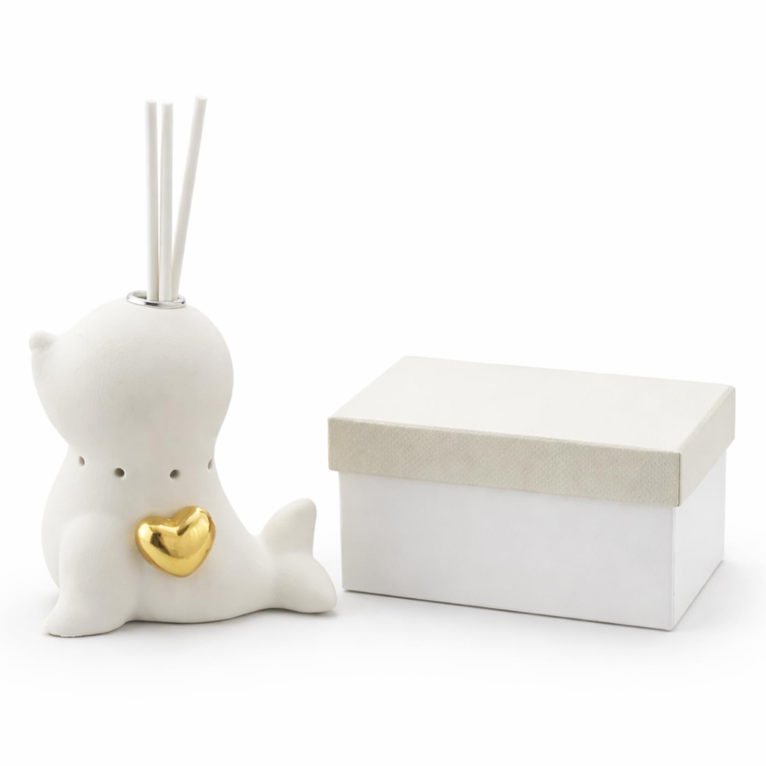 PALUPLUS 10 Bomboniere in Ceramica a Forma di Foca con Profumatore, Misura 9x8x10 cm, Cuore Oro, Bastoncini e Luce a LED, Regalo per Battesimo, Comunione, Feste, Matrimonio -9573M -2,6