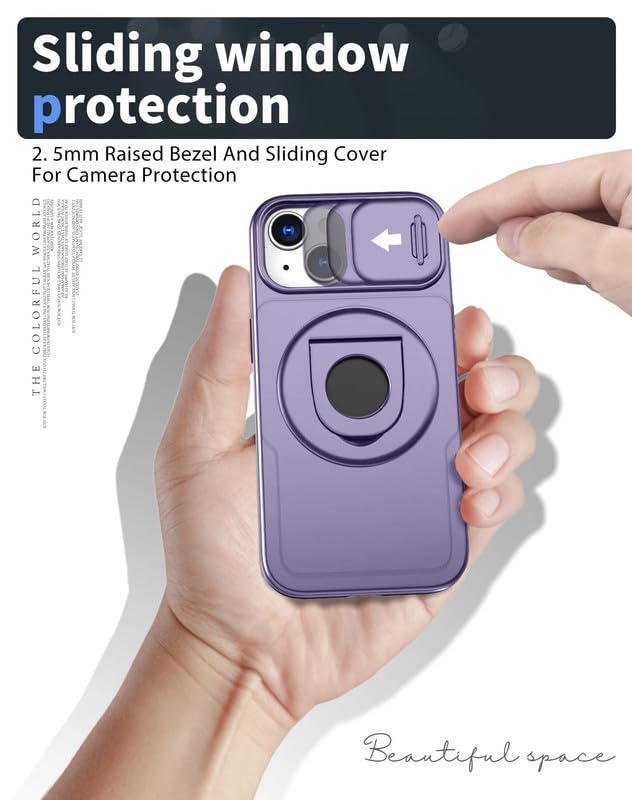 Image of LuxuryKase MagSafe Shockproof Rugged Back Case for iPhone 14 Plus | Finger Ring Kickstand & Sliding Camera Cover | Military Drop Protection | Wireless Charging Support - Purple