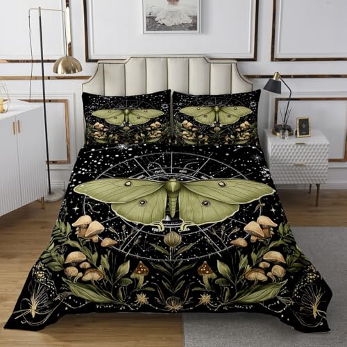 Moth Butterfly Coverlet Set Twin Size Botanical Leaves Mushroom Bedspread Fashion Room Decor Boho Constellation Quilted for Teens Gift Exotic Gothic Bedspread with 1 Pillowcase