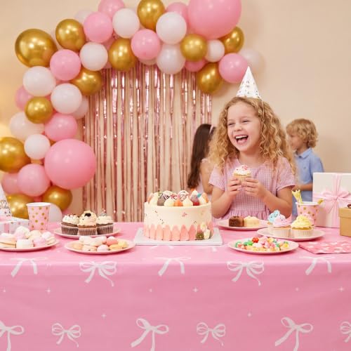 Image of 3 Pack Coquette Pink Bow Plastic Tablecloth, Pink and White Tablecloth