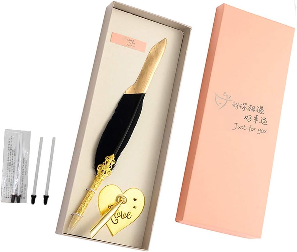 SIPLIV Feather Pen Rollerball Pen with Metal Heart-shape Base Holder Black Ink Ballpoint Quill Pen Add An Elegant Touch to Weddings