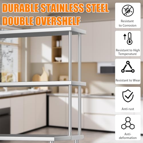 Garvee 12"x48" Stainless Steel Overshelf for Prep & Work Table, 360Lb Capacity Commercial 2 Tier Worktable Shelf, Adjustable Double Overshelf for Restaurant, Kitchen, Garage, Workshop