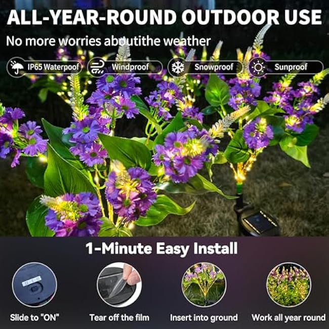 Neporal Solar Flowers Outdoor Waterproof Purple, Lilac Garden Solar Lights Decorative 4PK 8-Stem, 2 Lighting Modes, Solar Powered Garden Decor, Solar Yard Decor