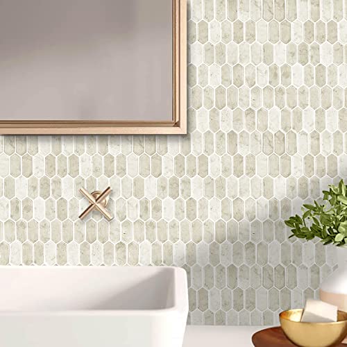 Waldecoo Long Hexagon Tiles Peel And Stick Backsplash For Kitchen, 10-Sheet Stick On Tiles Kitchen Backsplash, Beige Marble Peel And Stick Wall Tiles（12''×12''） #TOP1