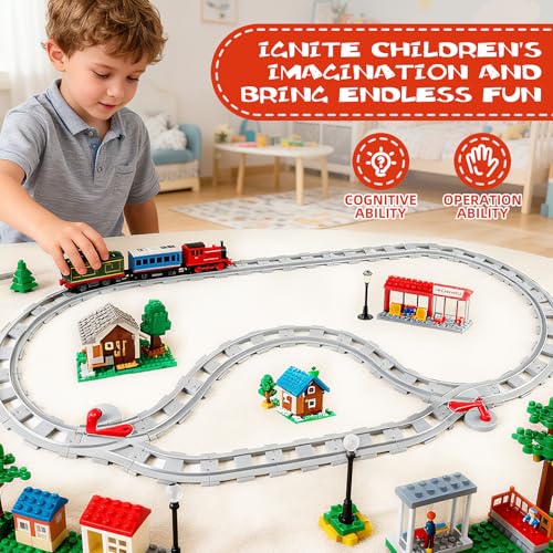 Bausteine Zug Schienen Set, 32PCS Spielzeug Eisenbahnschienen, City Zug Schienen Set mit Cross Track, Gerade und Kurven Schienen, Kompatibel mit dem Marktführer, Geschenk für Jungen Mädchen