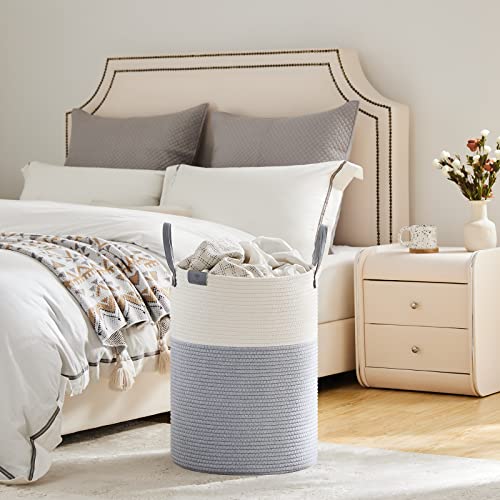 Image of VIPOSCO 58L Tall Woven Rope Laundry Hamper, Leather Handles, Grey & White | Large Wicker Laundry Basket for Dirty Clothes, Blanket, Toy, Towel, Yoga Mat, Storage Bin in Bedroom, Bathroom, Living Room