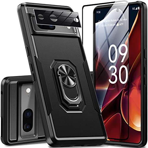 Oterkin für Google Pixle 7 Hülle Handyhülle mit 9H Schutzfolie + Kameraschutz, Pixel 7 Schutzhülle [Magnetischer 360°Ring Halter Ständer] [Militärischer Schutz] Stoßfeste Bumper Hüllen Case (Schwarz) Cover