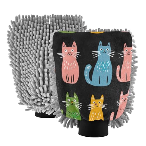 STAYTOP Cute Cartoon Cat Car Wash Mitt Microfiber, 2Pcs Scratch Free Lint-Free, Premium Chenille Microfiber Mitt Car Wash Brush-L