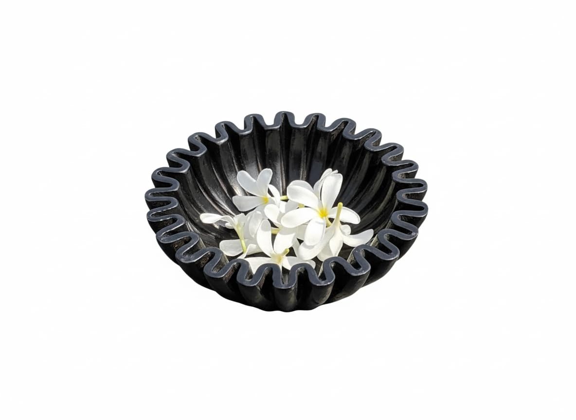 craftfobia handcrafted marble bowl | wedding gift | antique scallop bowls | fruit bowls | vintage ring dish | ruffle decorative bowl | flower unique urli bowl (black) (6 inches)