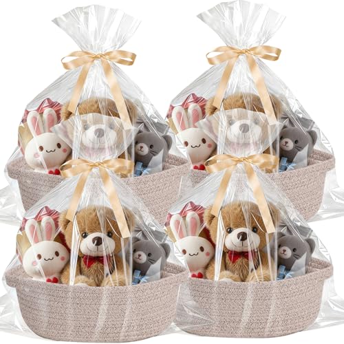 Image of Small Basket with Gift Bags and Ribbons,Small Woven Basket Cute Oval Cotton Rope Gifts with Handle Empty Baby Wicker Storage Basket for Baby Showers Pet Toy Bin (4 Pack (12 inchx 8 inchx 3.74 inch))