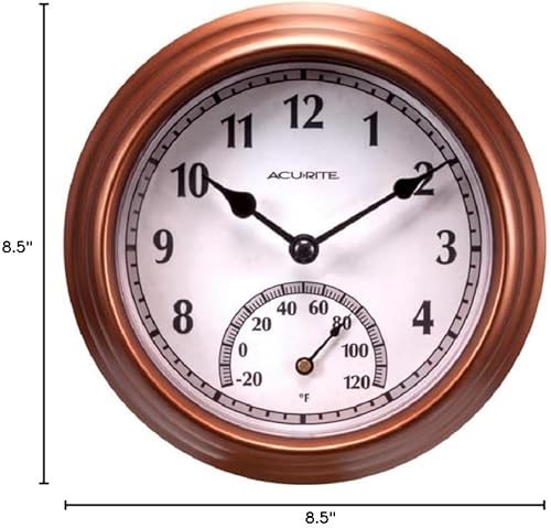 Miniatura 2 de AcuRite 02423LA2 Reloj analógico redondo para interiores y exteriores de 8.5 pulgadas y termómetro, marco para todo clima, acabado de cobre,
