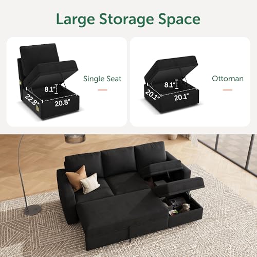 Image of HONBAY Modular Sectional Sleeper Sofa with Pull Out Bed, L Shaped Couch with Storage Seat, Modular Sectional Couches for Living Room - Black